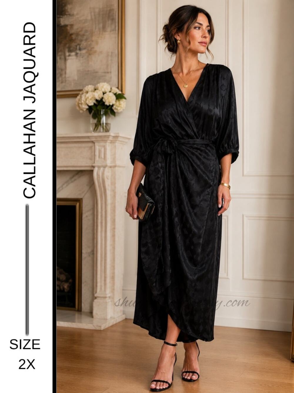 MSRP: $188🌿 | Callahan Black Jacquard Sami Dress | Size 2XL | Faux Wrap Midi 🌿